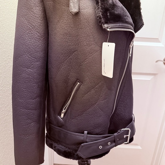 Women's Faux Shearing Moto Jacket Thick Lined Parka Winter Coat Leather Large - Picture 4 of 12